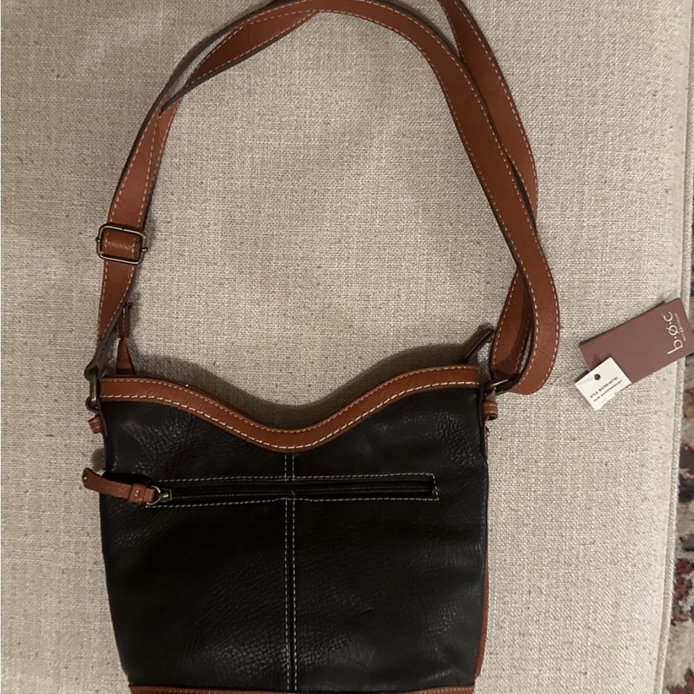 NWT b.o.c. Born Brown and Cream Woven Bucket Shoulder Bag with Leather Trim - Picture 2 of 4